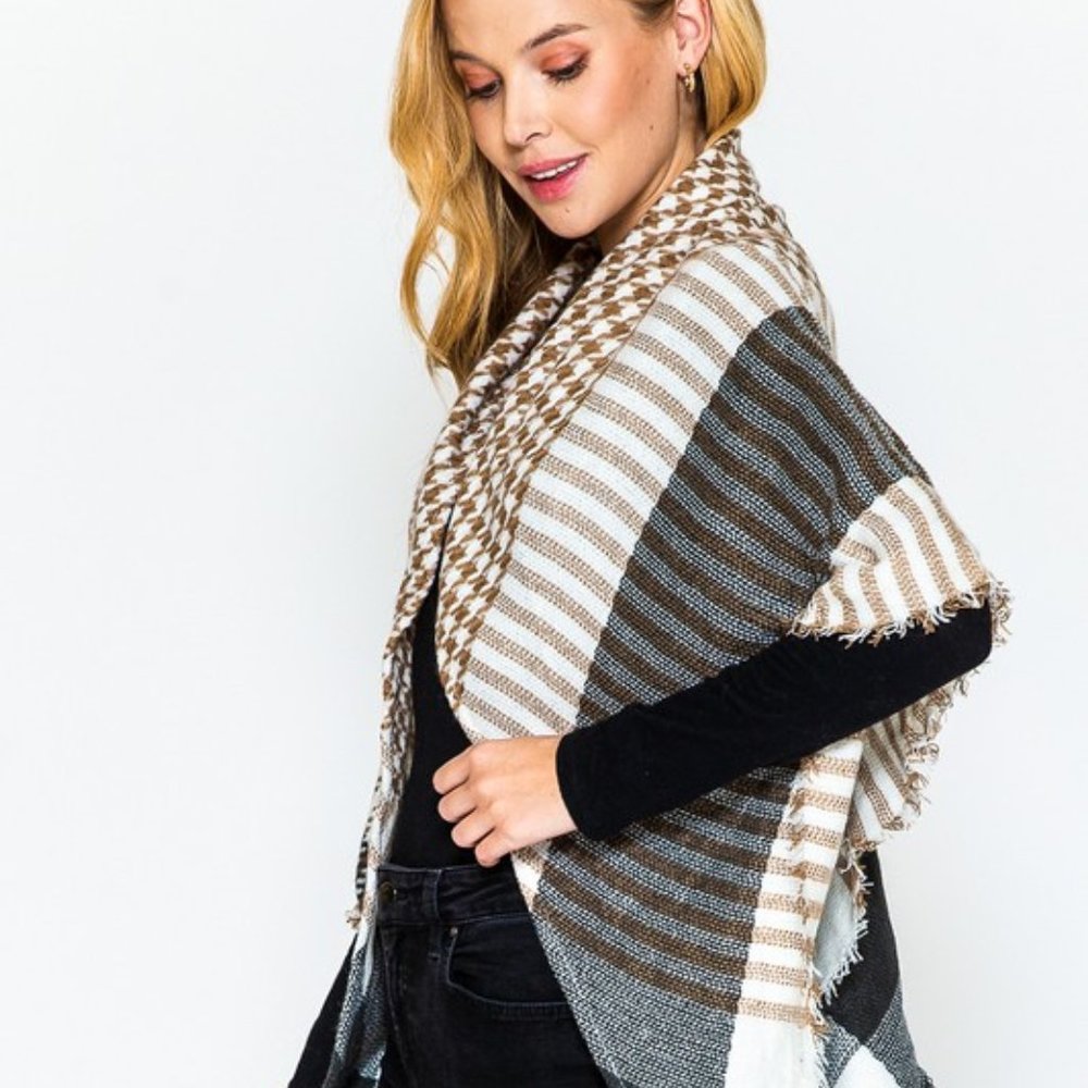 Houndstooth Plaid Triangle Scarf, Tan/Black/White - Picture 6 of 8